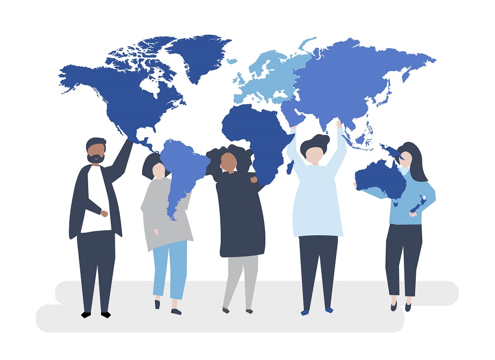 Ilustração de cinco pessoas segurando um mapa-múndi, simbolizando oportunidades e conexões para construir uma carreira internacional.