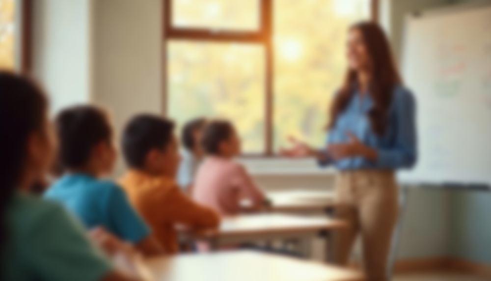 Professora em sala de aula conduz atividade com alunos atentos, representando o contexto de elaboração do relatório individual do aluno.