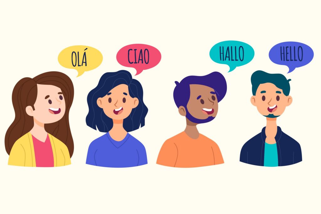 Pessoas falando diferentes idiomas representando o conceito de multilinguismo e a diversidade de línguas no mundo.