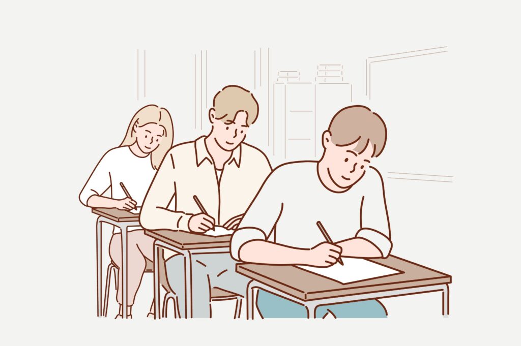 Ilustração de alunos fazendo uma atividade avaliativa em sala, relacionada ao conceito de aula teste.