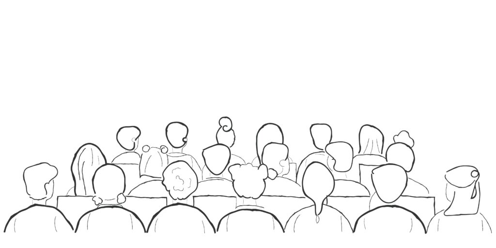 Ilustração de grupo de pessoas em estilo line art simbolizando retenção de alunos em uma escola.