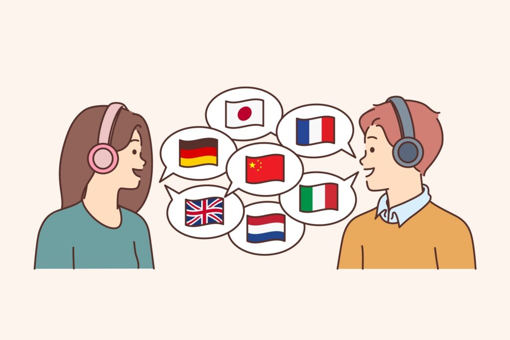 Ilustração de duas pessoas conversando em vários idiomas, representando o conceito de trilíngue e aprendizado multilíngue.