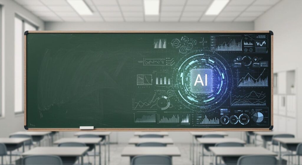 Lousa de sala de aula com gráficos e símbolos de inteligência artificial, representando as tendências na educação para 2026.