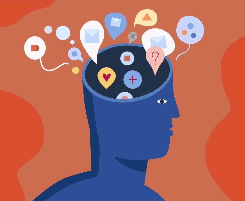 Ilustração representando neurodiversidade, com elementos coloridos dentro de um cérebro humano para simbolizar a diversidade cognitiva.