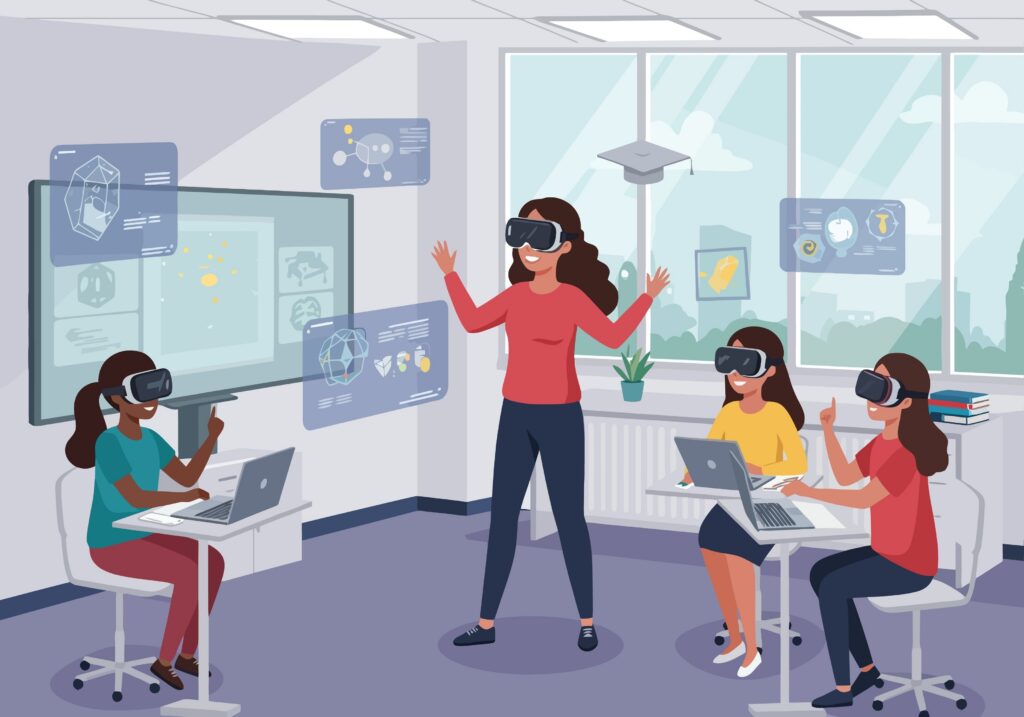 Estudantes usando realidade virtual em atividades de educação bilíngue em ambientes virtuais de aprendizagem.