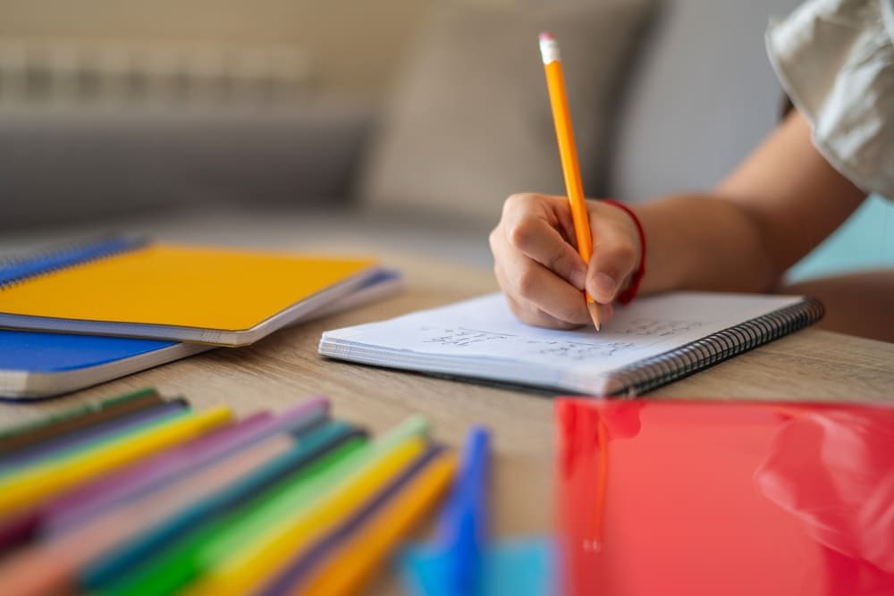 Criança escrevendo em caderno durante atividade de aprendizagem, um dos tipos de avaliação segundo a BNCC.