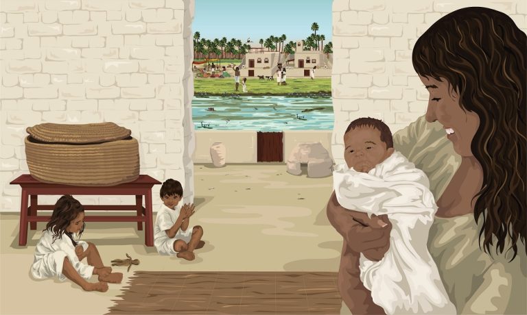 Ilustração de Moisés bebê nos braços da mãe, uma história bíblica para crianças do Antigo Testamento.