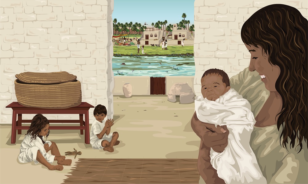 Ilustração de Moisés bebê nos braços da mãe, uma história bíblica para crianças do Antigo Testamento.