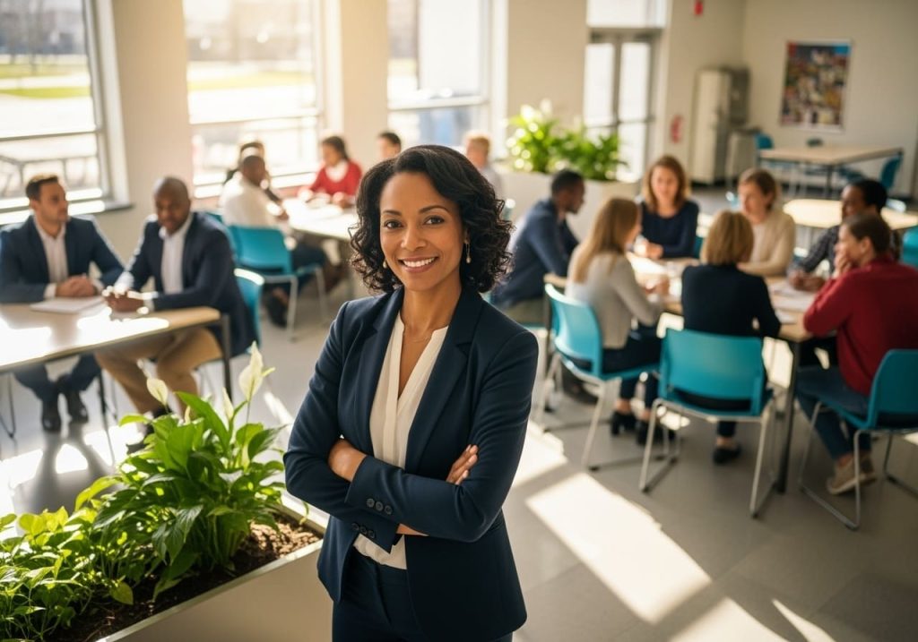Mulher confiante em um ambiente educacional, sorrindo enquanto está em um encontro colaborativo, representando a gestão escolar de um programa bilíngue.