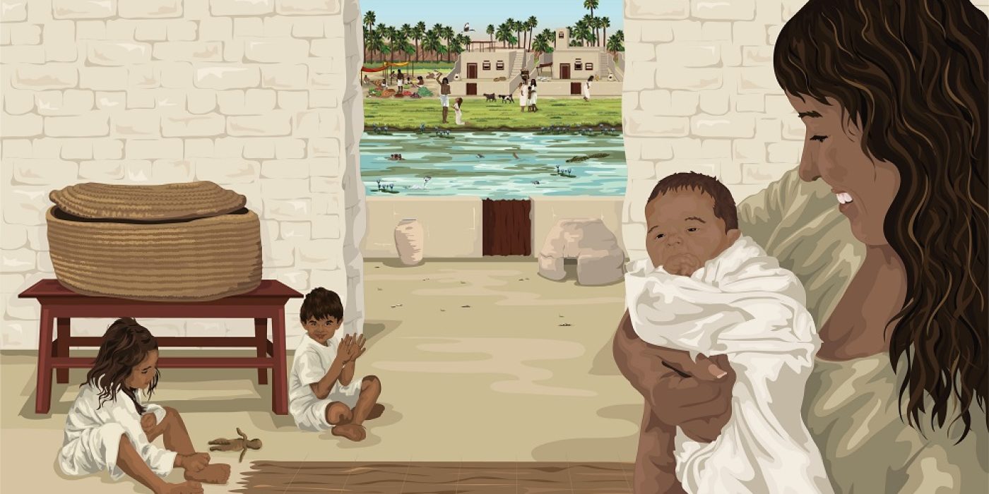 Ilustração de Moisés bebê nos braços da mãe, uma história bíblica para crianças do Antigo Testamento.