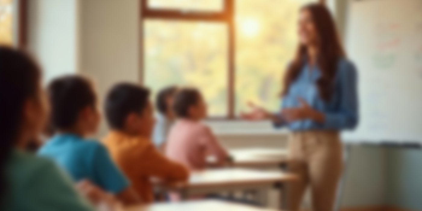 Professora conduz atividade em sala de aula com crianças sentadas, em ambiente iluminado por luz natural, representando a abordagem Reggio Emilia.