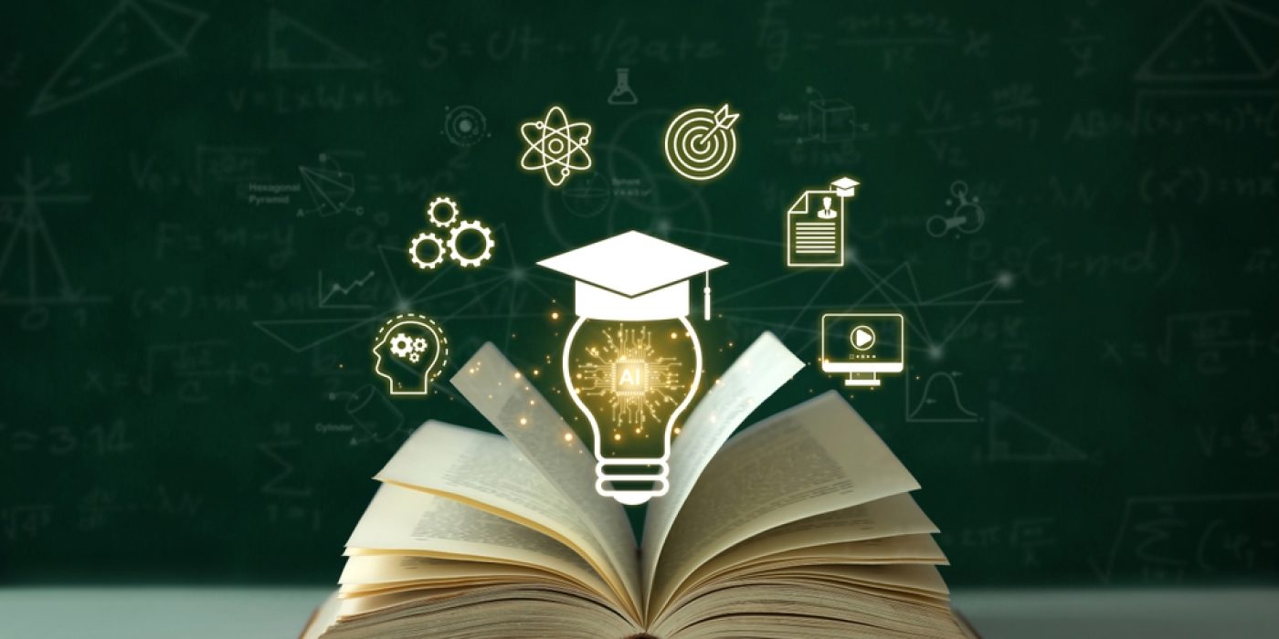 Livro aberto com ícones digitais de conhecimento flutuando acima, simbolizando diversos tipos de educação.
