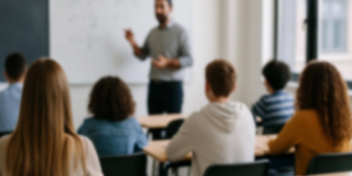 Sala de aula com professor explicando no quadro e alunos atentos às explicações, representando estratégias de como engajar todos os alunos.